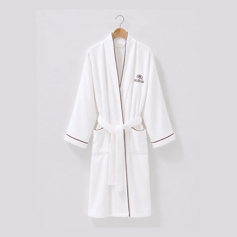 Hilton Piping Embroidered Velour Hotel Bathrobe