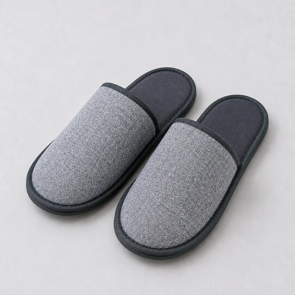 Charcoal Gray Linen Look Hotel Slippers