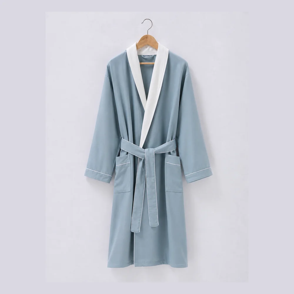 Dusty Blue Piping Gabardine Hotel Bathrobe