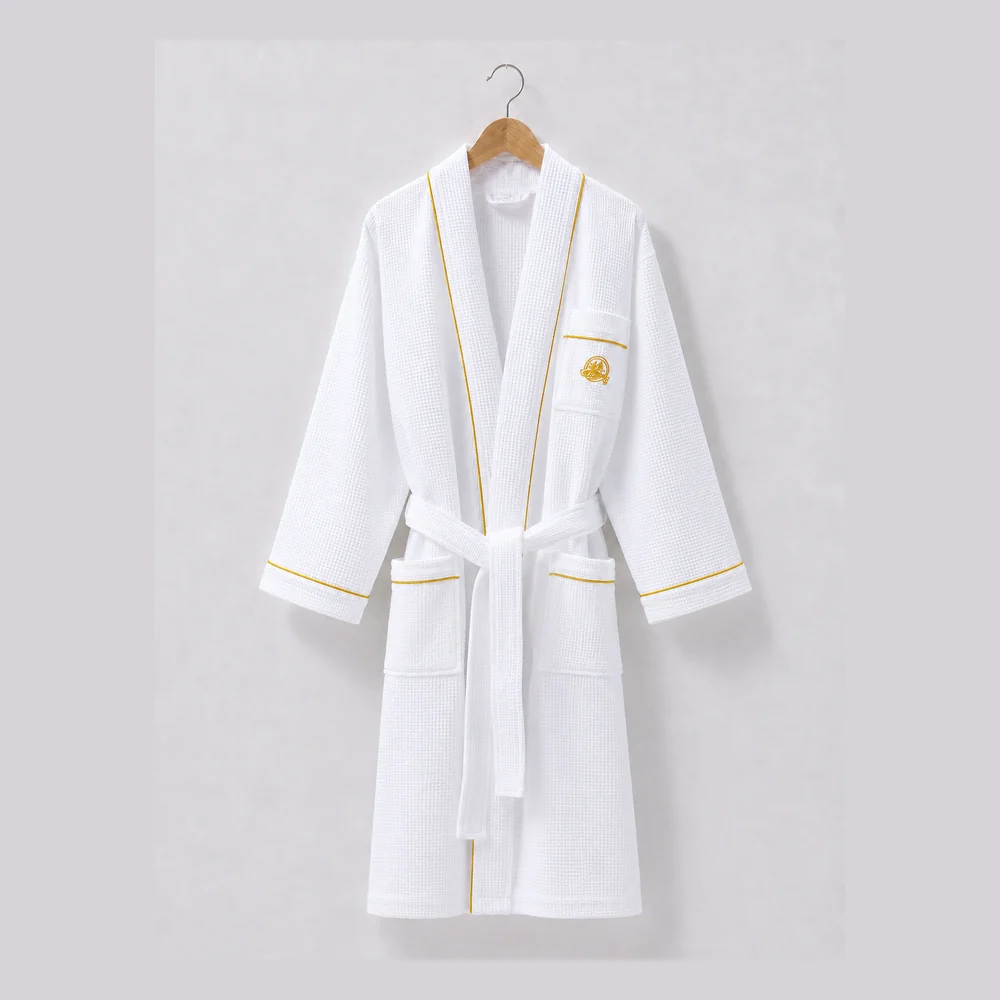 Gold Piping Embroidered Waffle Hotel Bathrobe