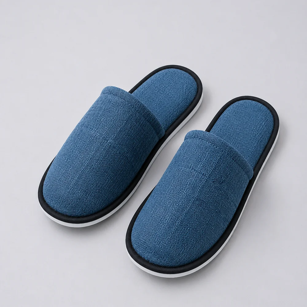 Navy Blue Linen Look Hotel Slippers