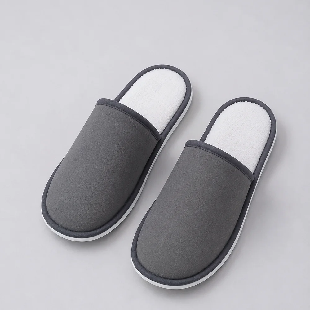 Two Tone Gray Plush Lined Hotel Slippers