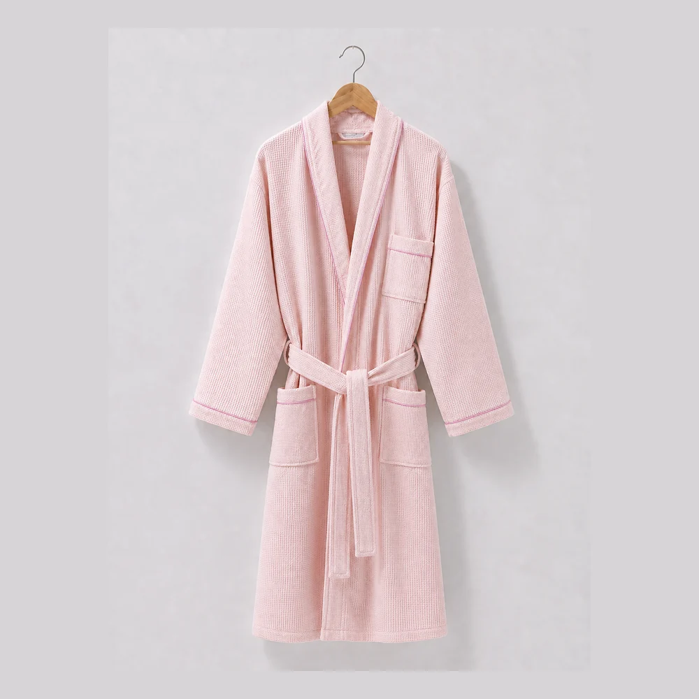 Blush Pink Piping Waffle Hotel Bathrobe
