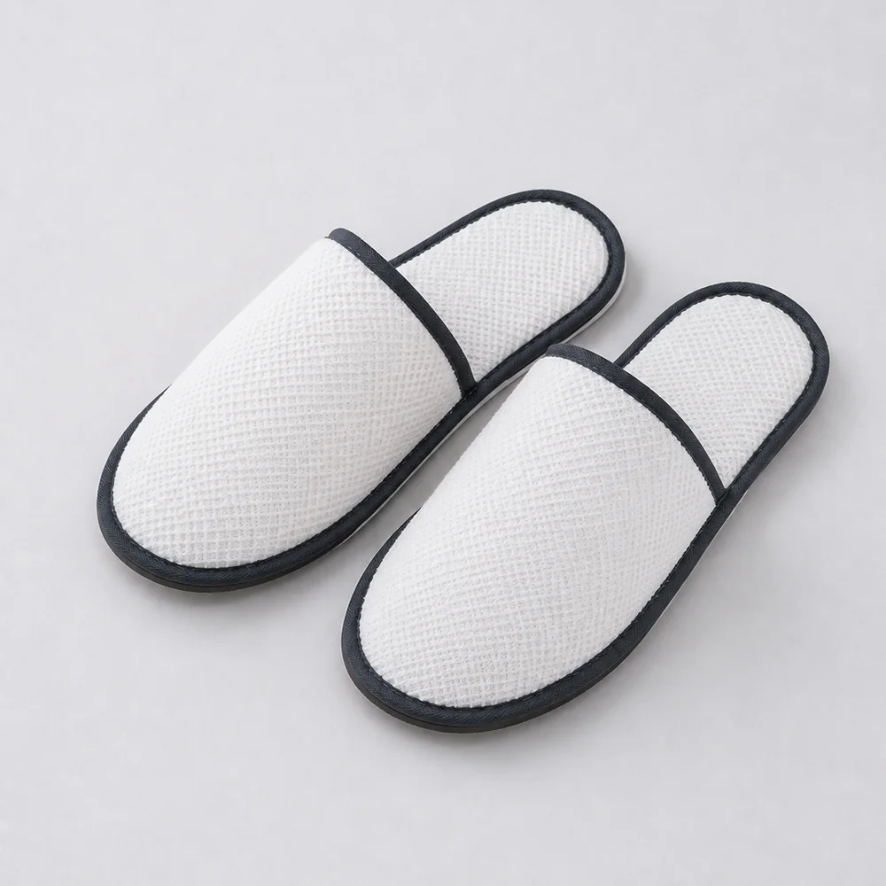 Black Piping White Waffle Hotel Slippers