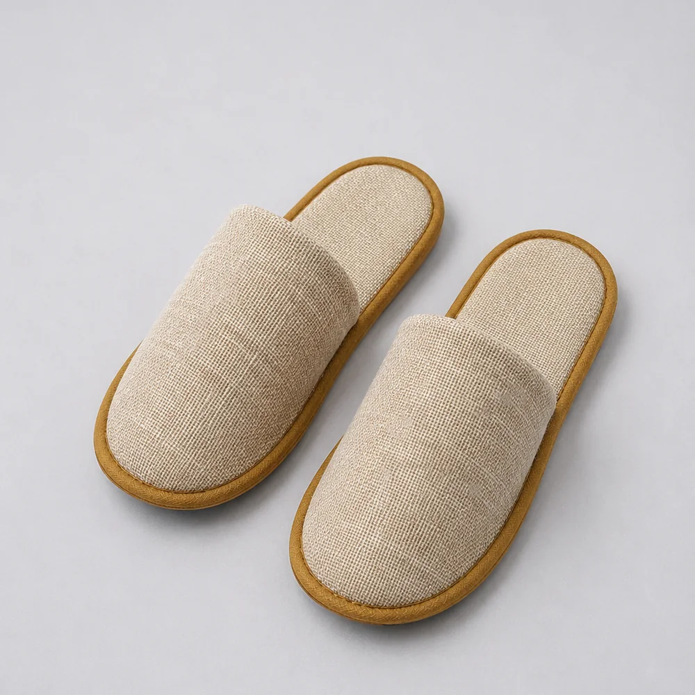 Gold Piping Natural Linen Look Hotel Slippers