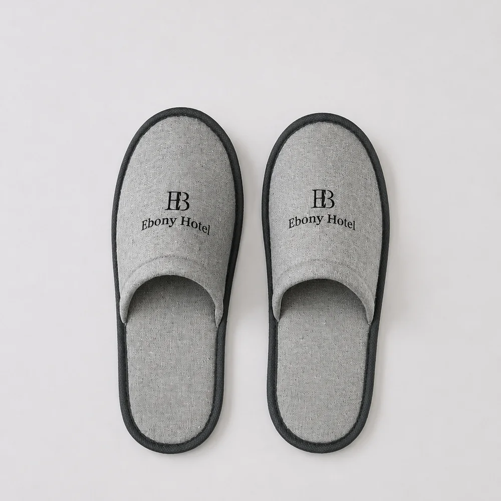 Ebony Embroidered Gray Hotel Slippers