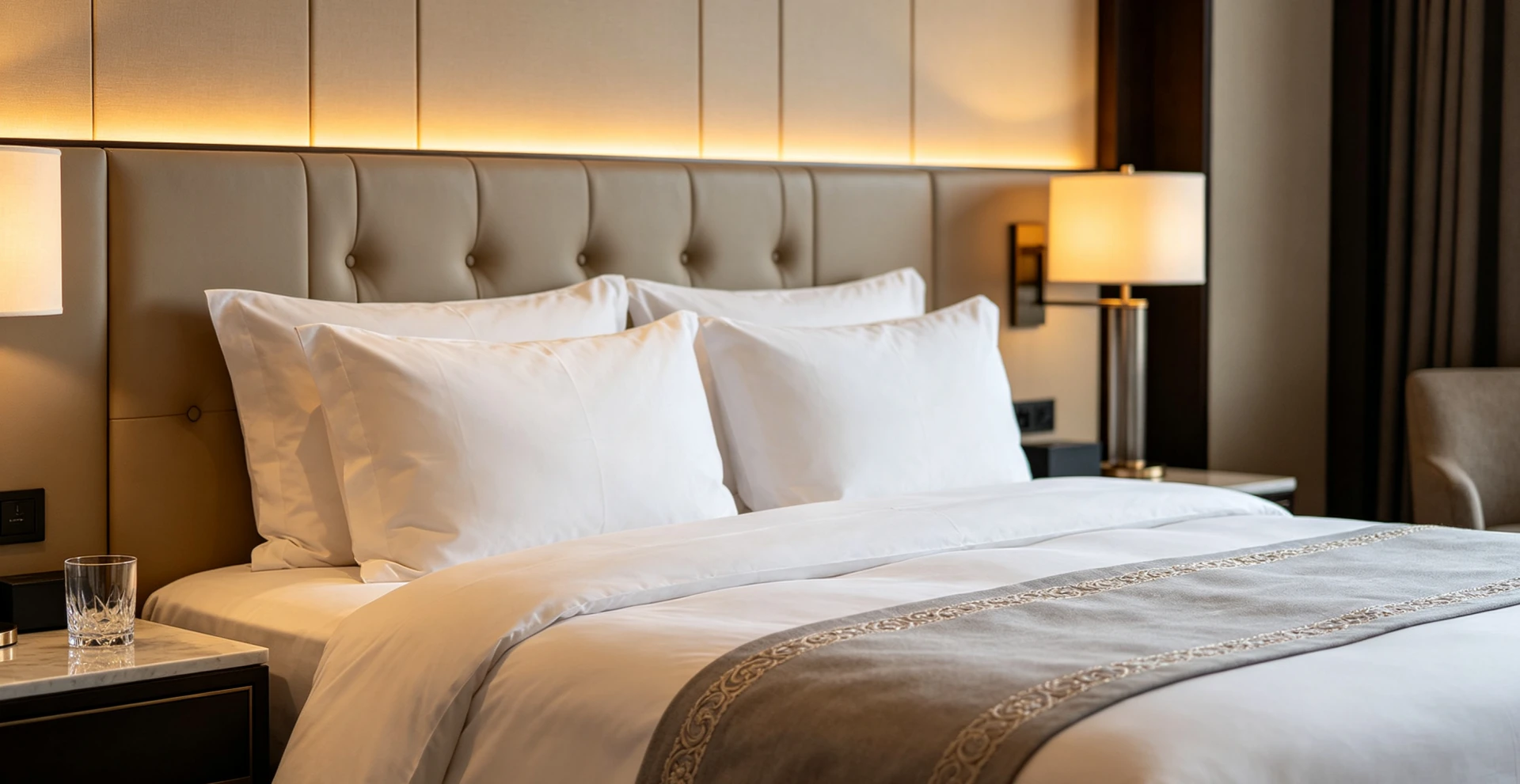 Luxury hotel interior with premium furnishings and refined bedding