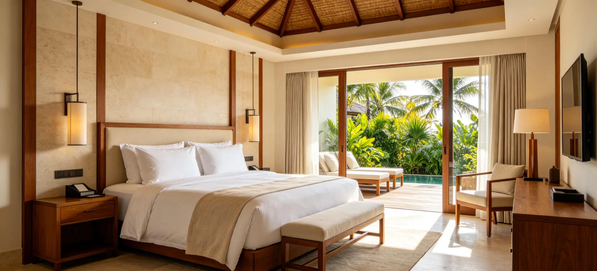 Luxury hotel interior with premium furnishings and refined bedding