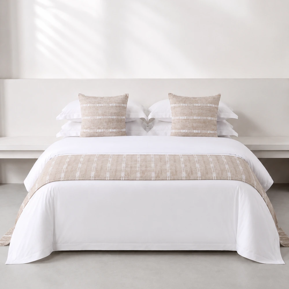 Sand Geometric Stripe Bed Runner and Cushion Set